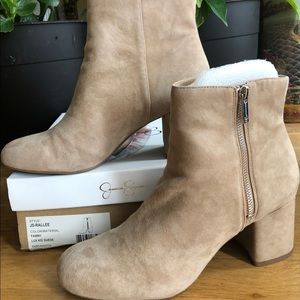 Jessica Simpson beige suede ankle boot with a silver zipper.